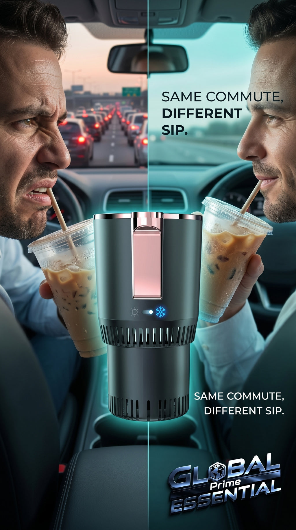 Global Prime Essential cooling and heating car cup holder with insulated cup for perfectly chilled or warm drinks during commutes.