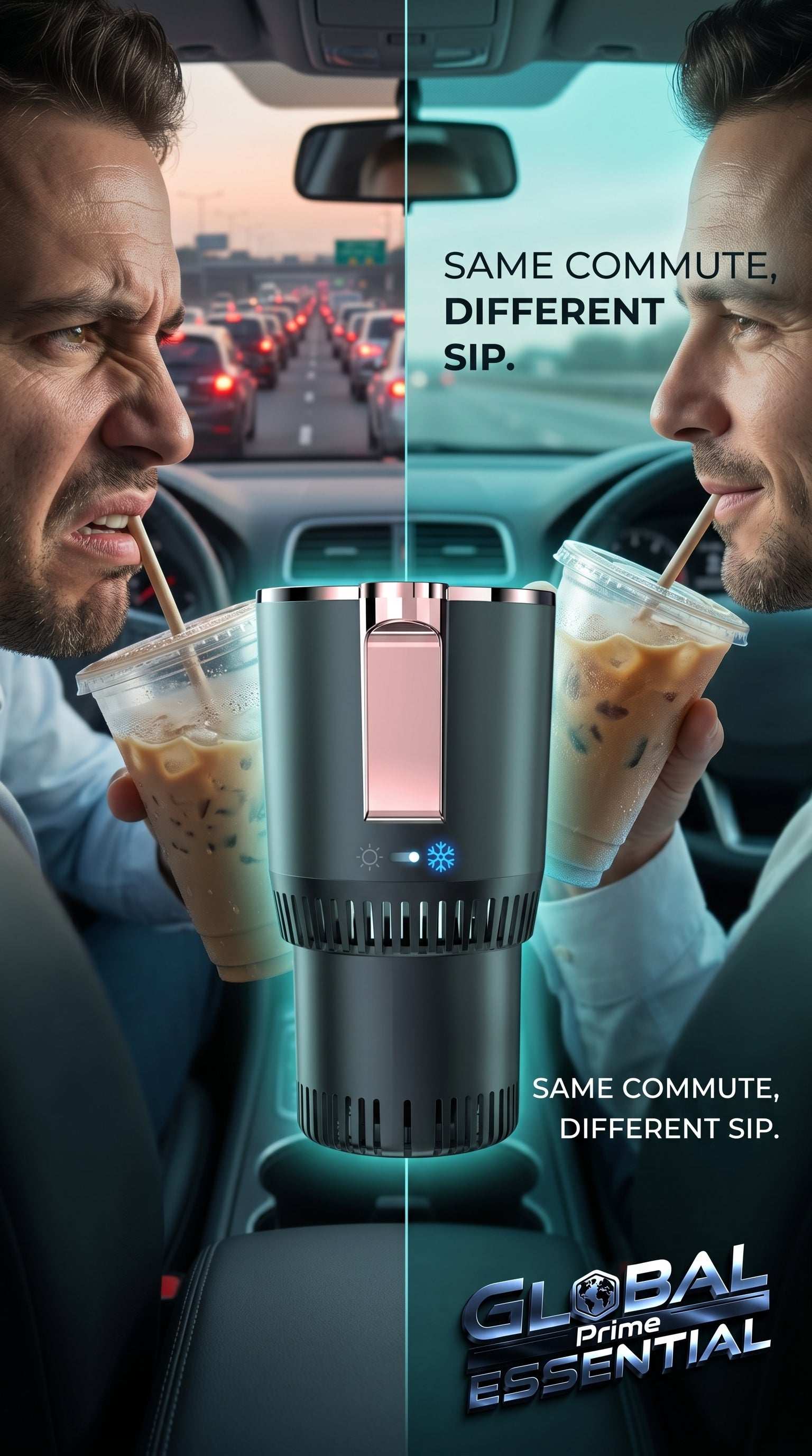 Global Prime Essential cooling and heating car cup holder with insulated cup for perfectly chilled or warm drinks during commutes.