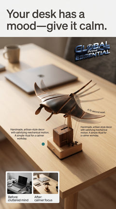Handmade wooden manta ray desk sculpture with smooth, flowing motion, perfect as a calming home decor accent from Global Prime Essential.