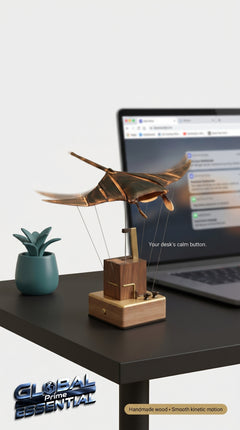 Handmade wooden manta ray kinetic desk sculpture with smooth swimming motion, ideal as unique home decor by Global Prime Essential.
