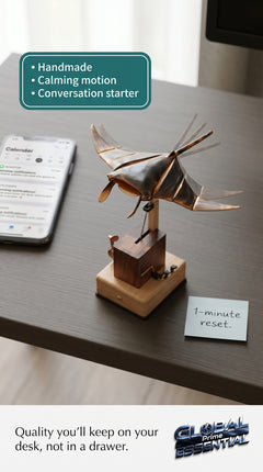 Handmade wooden manta ray kinetic desk sculpture with smooth swimming motion, ideal as unique home decor by Global Prime Essential