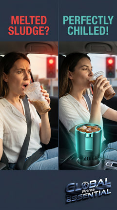 Global Prime Essential cooling and heating car cup holder with a drink in it, keeping beverages at the perfect temperature.