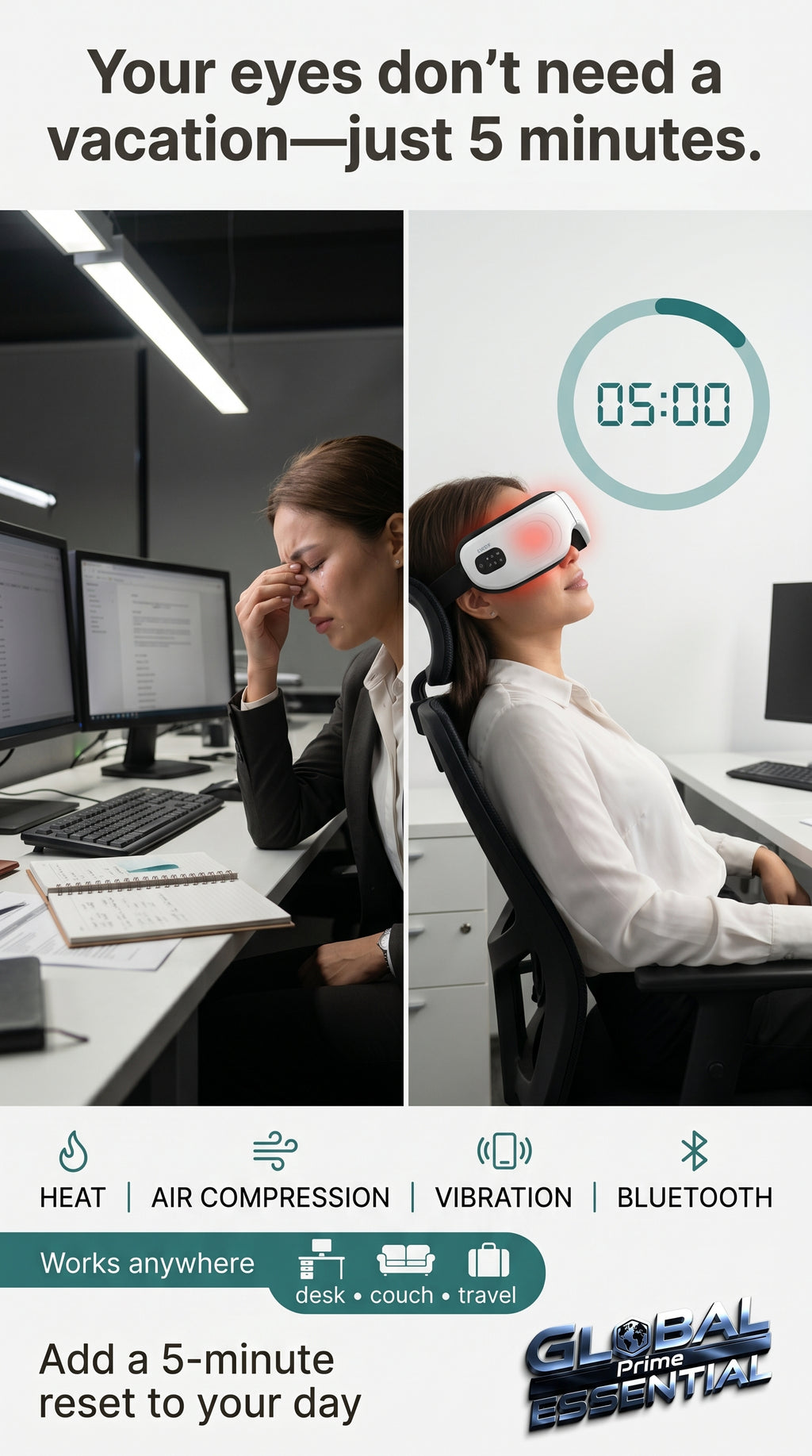 Global Prime Essential Electric Eye Massager gently relaxes and soothes tired eyes with ergonomic design and soothing features.