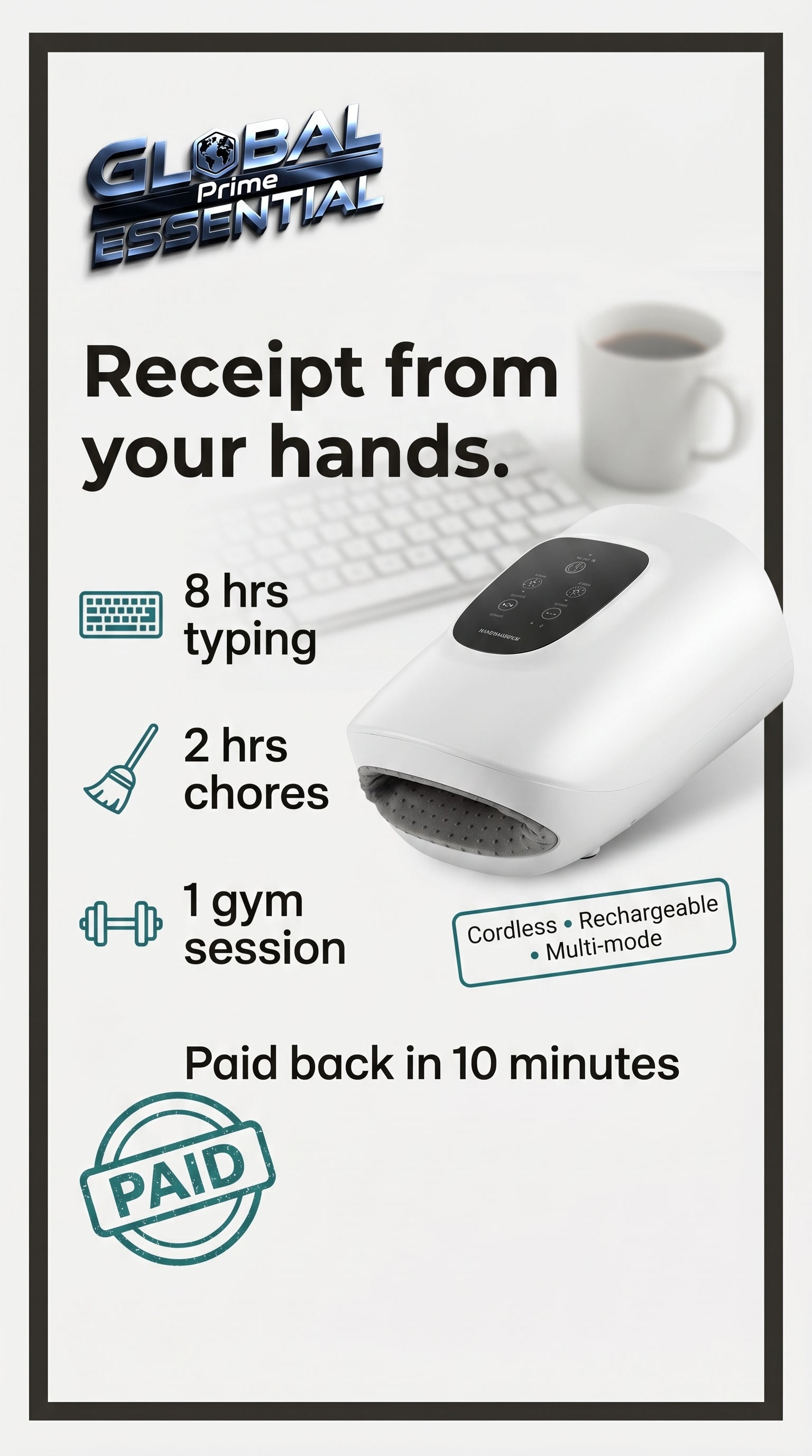 Wireless electric hand massager by Global Prime Essential, showing hands receiving a soothing massage for relaxation.