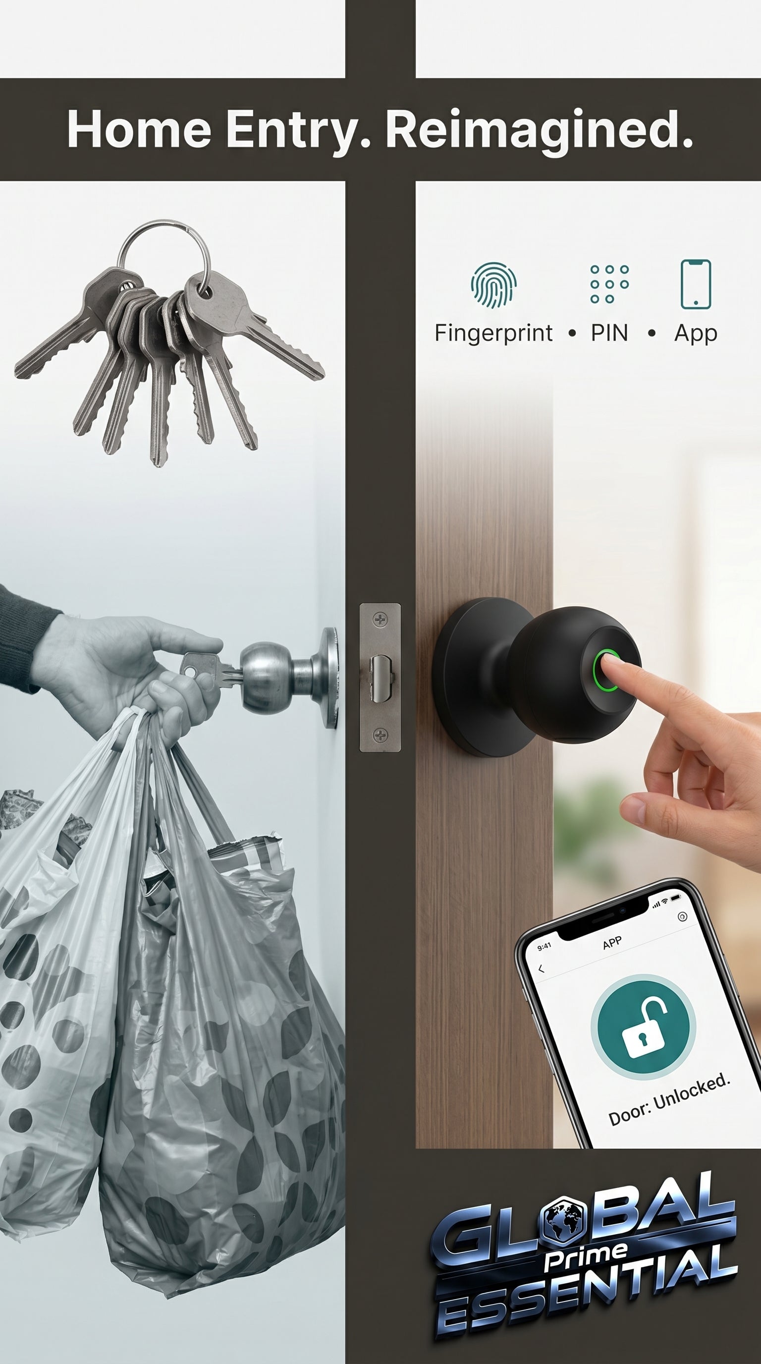 Smart door knob by Global Prime Essential with modern design, featuring a sleek lock mechanism and easy access for smart home security.