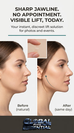 Invisible face lift stickers by Global Prime Essential, showing a woman with contoured jawline, cheeks, and neck for instant lifting.