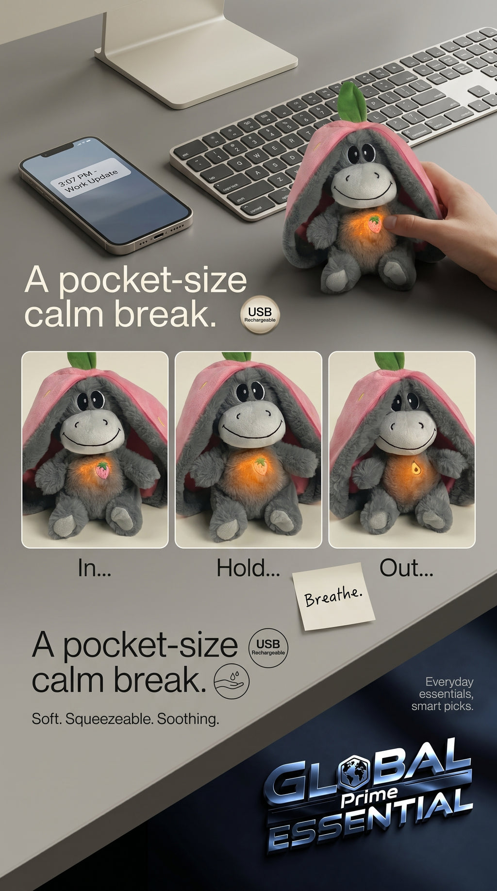 Global Prime Essential Strawberry Donkey breathing plush doll, pocket-sized calming plush toy with soft fabric and adorable donkey design.