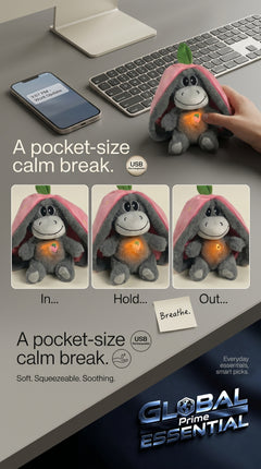Global Prime Essential Strawberry Donkey breathing plush doll, pocket-sized calming plush toy with soft fabric and adorable donkey design.