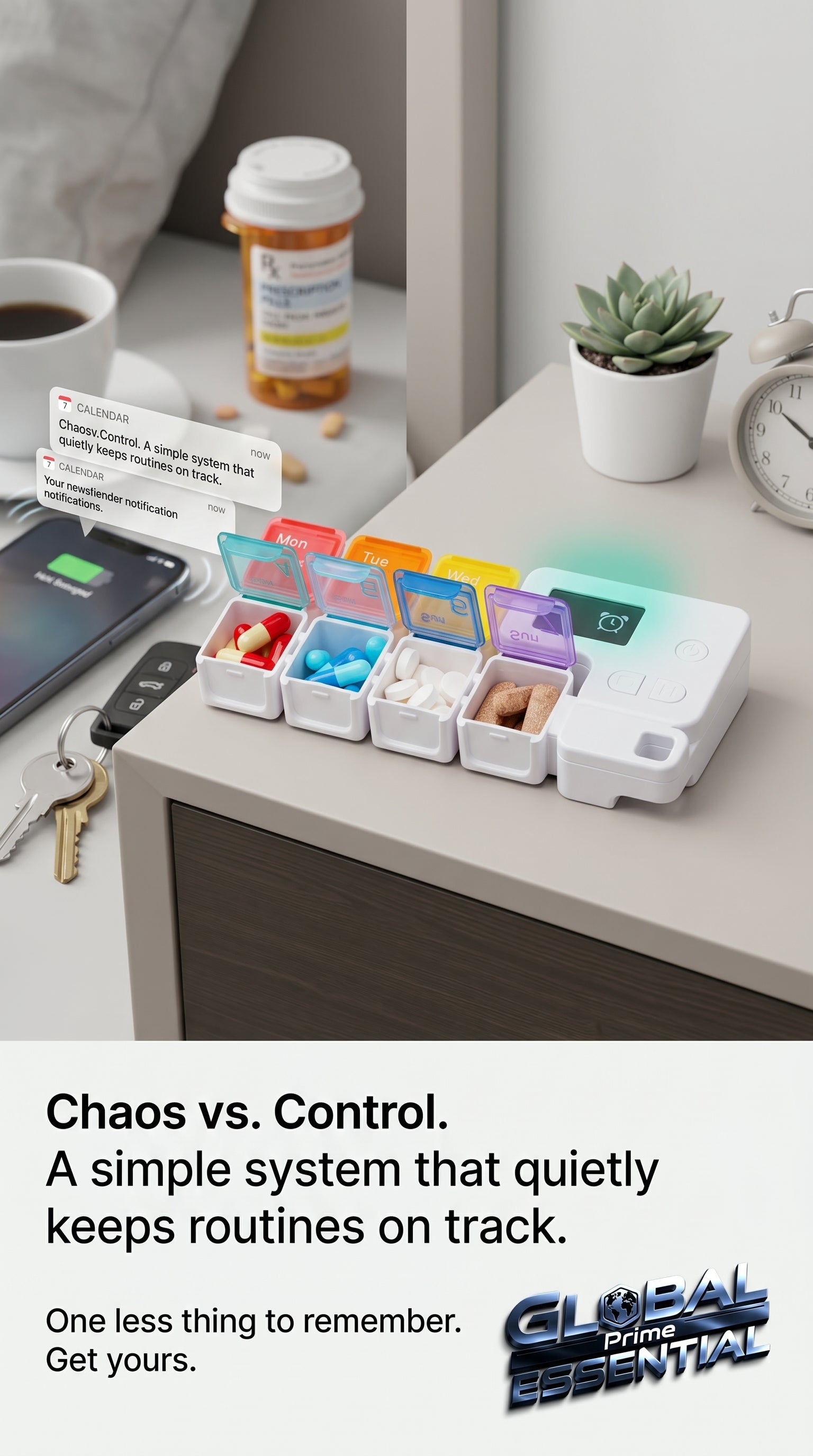Global Prime Essential drug storage alarm box with secure lock and digital alert system for safe medication storage.