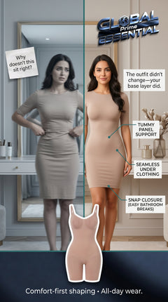 Global Prime Essential shapewear bodysuit worn under outfit, shaping and smoothing for a confident silhouette.