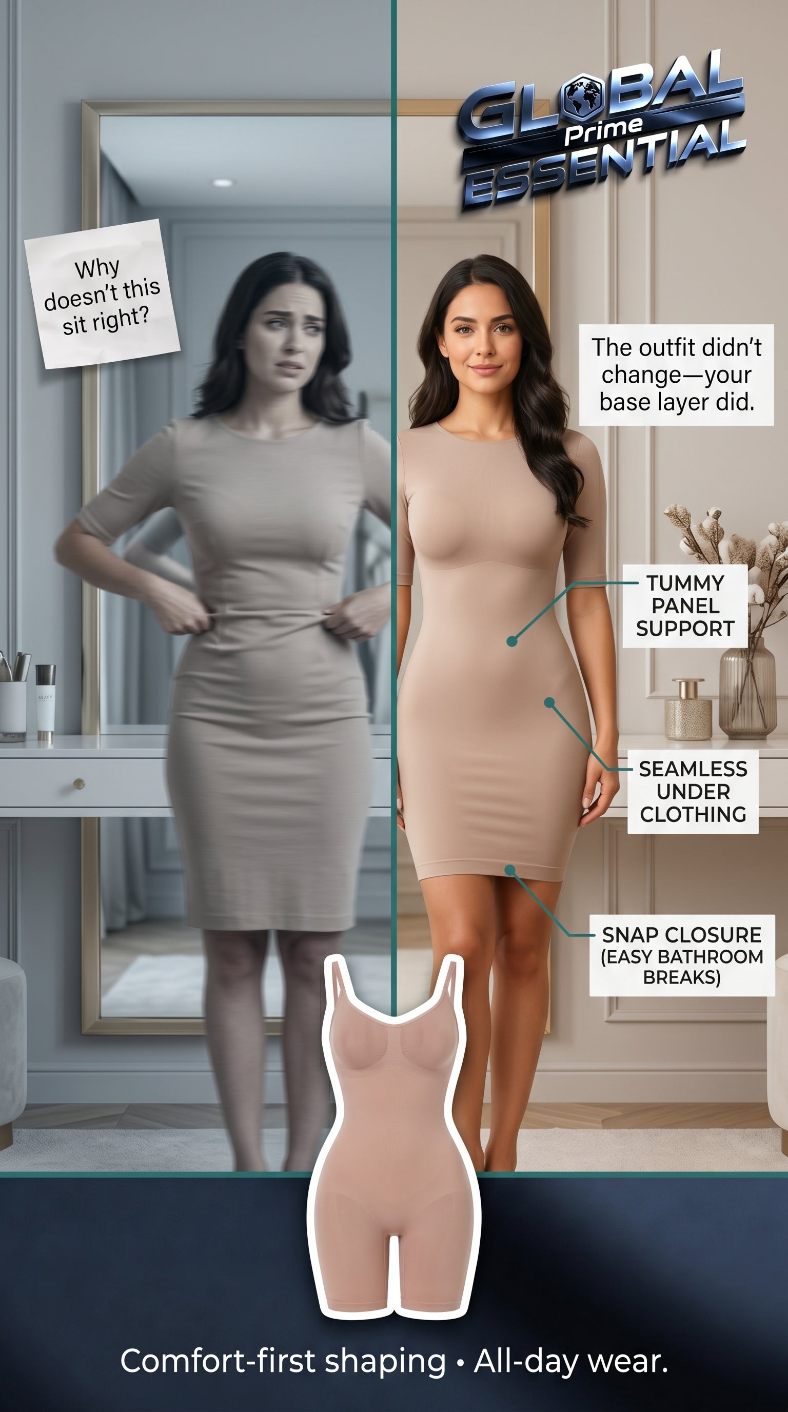 Global Prime Essential shapewear bodysuit worn under outfit, shaping and smoothing for a confident silhouette.