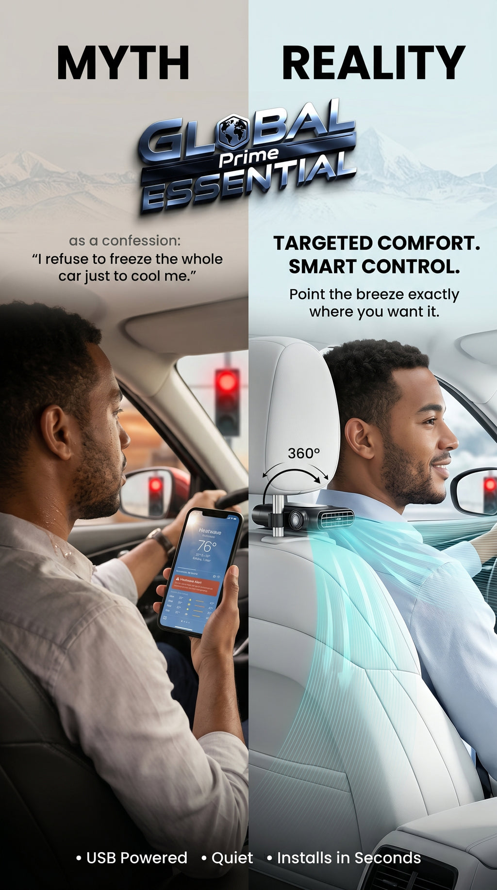 Global Prime Essential cooling car seat fan providing personal breeze for enhanced comfort during drives.