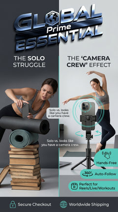 Global Prime Essential face tracking phone holder demonstrating 360° auto-follow stand for videos and live streaming.