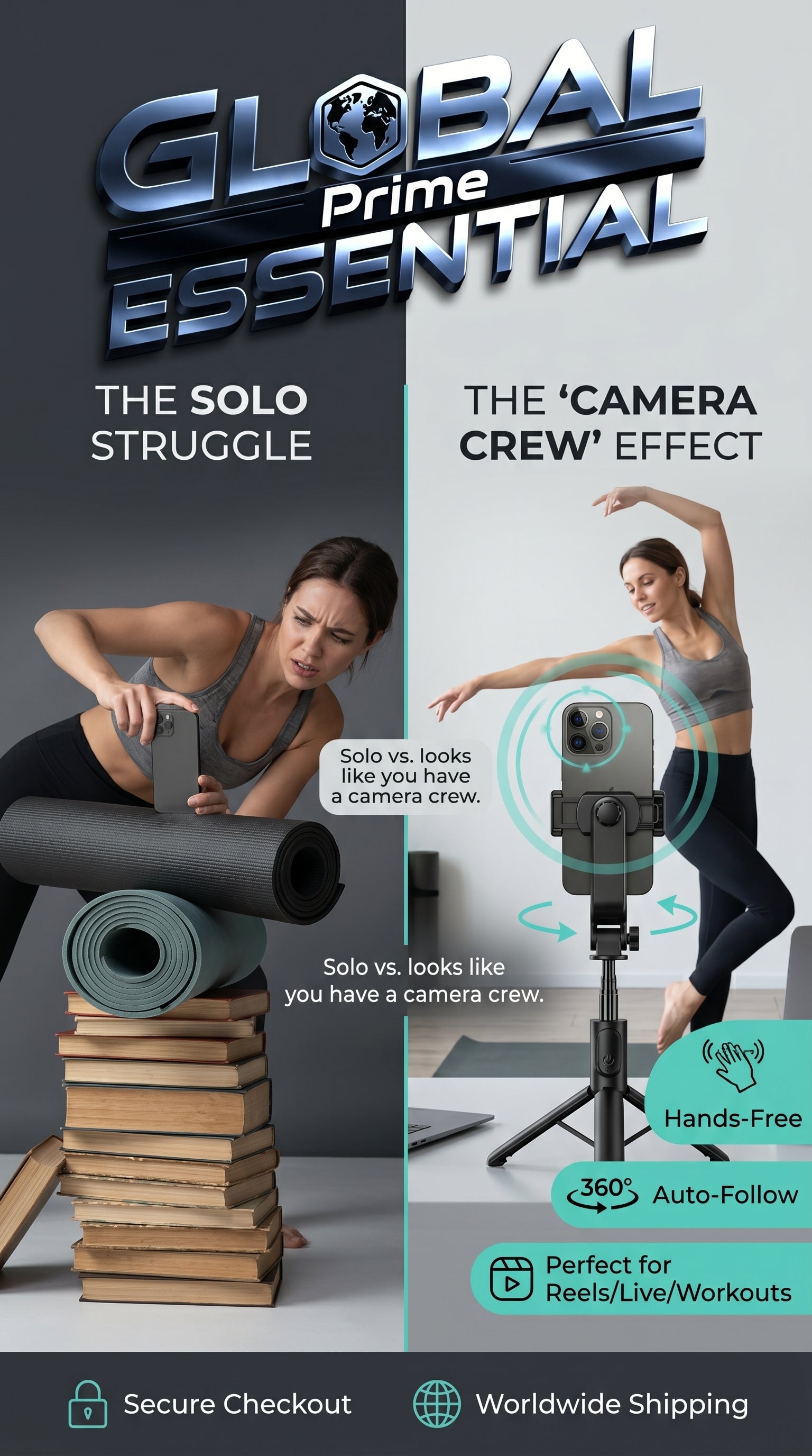 Global Prime Essential face tracking phone holder demonstrating 360° auto-follow stand for videos and live streaming.