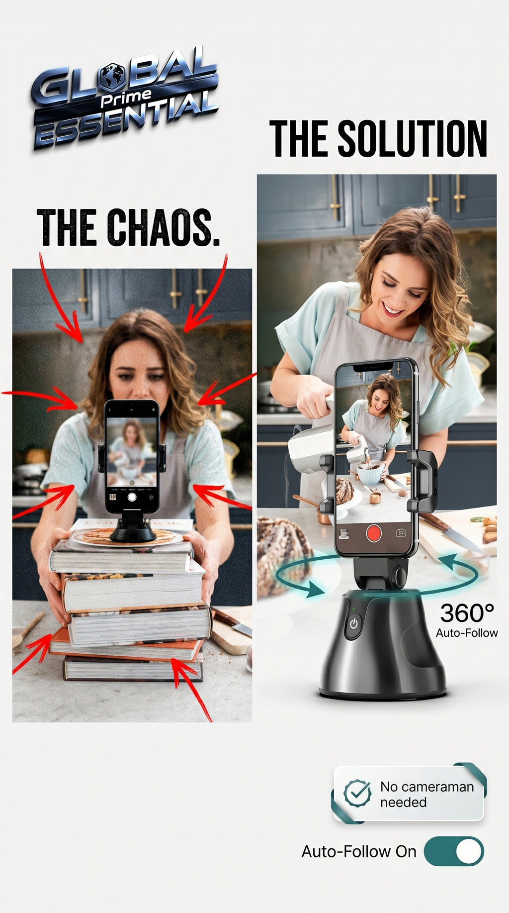 Global Prime Essential face tracking phone holder with 360° auto-follow stand for videos and live streaming.