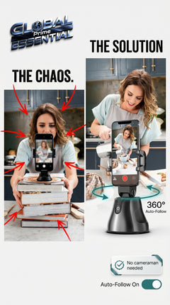 Global Prime Essential face tracking phone holder with 360° auto-follow stand for videos and live streaming.
