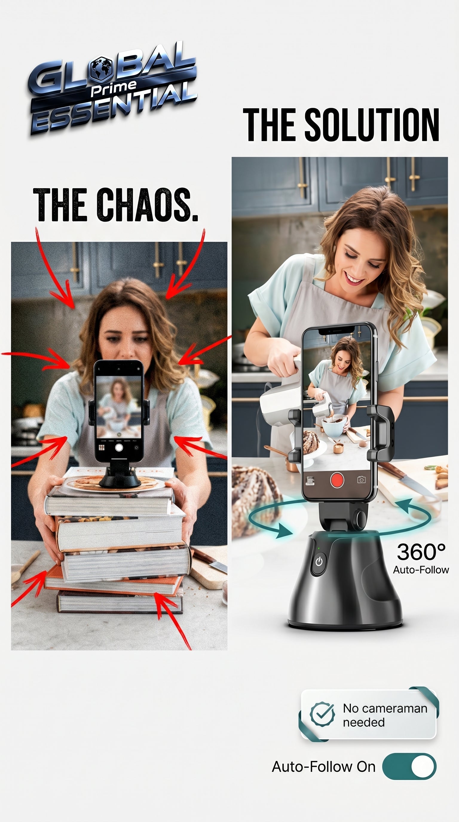 Global Prime Essential face tracking phone holder with 360° auto-follow stand for videos and live streaming.