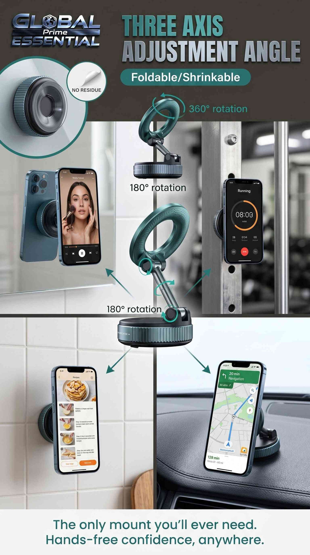 Global Prime Essential magnetic phone holder for MagSafe, 360° adjustable, mounted on various surfaces with a phone securely attached.