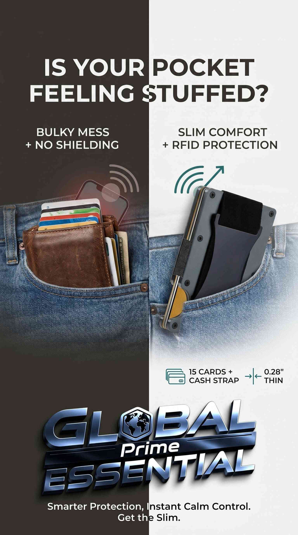 Global Prime Essential minimalist RFID blocking aluminum wallet with slim design, 15 card capacity, and cash strap in a neutral color.