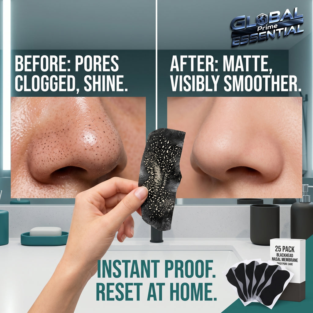 Global Prime Essential nose blackhead remover pore strips for deep cleansing and visible results in 10 minutes.