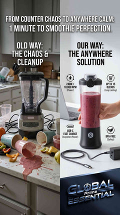 Global Prime Essential portable blender cup with 600ml BPA-free bottle, 240W motor, 18000RPM, and rechargeable 4000mAh battery.
