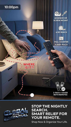 Global Prime Essential retractable remote control tether with 6.5ft cable, keeps TV, gaming, and AC remotes organized and within reach.