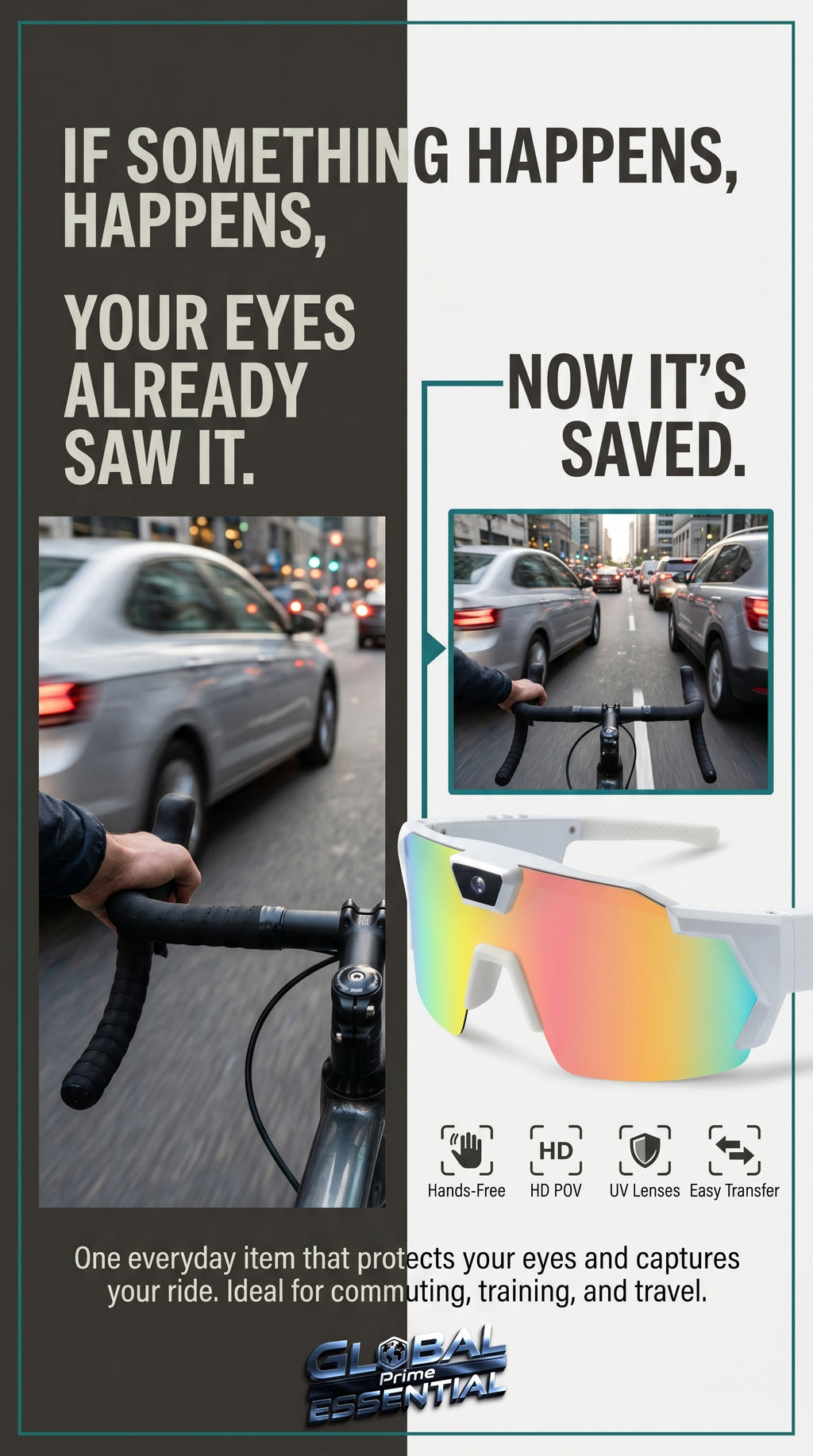 Global Prime Essential bicycle sports POV camera glasses with HD action recording and hands-free design for outdoor riding.