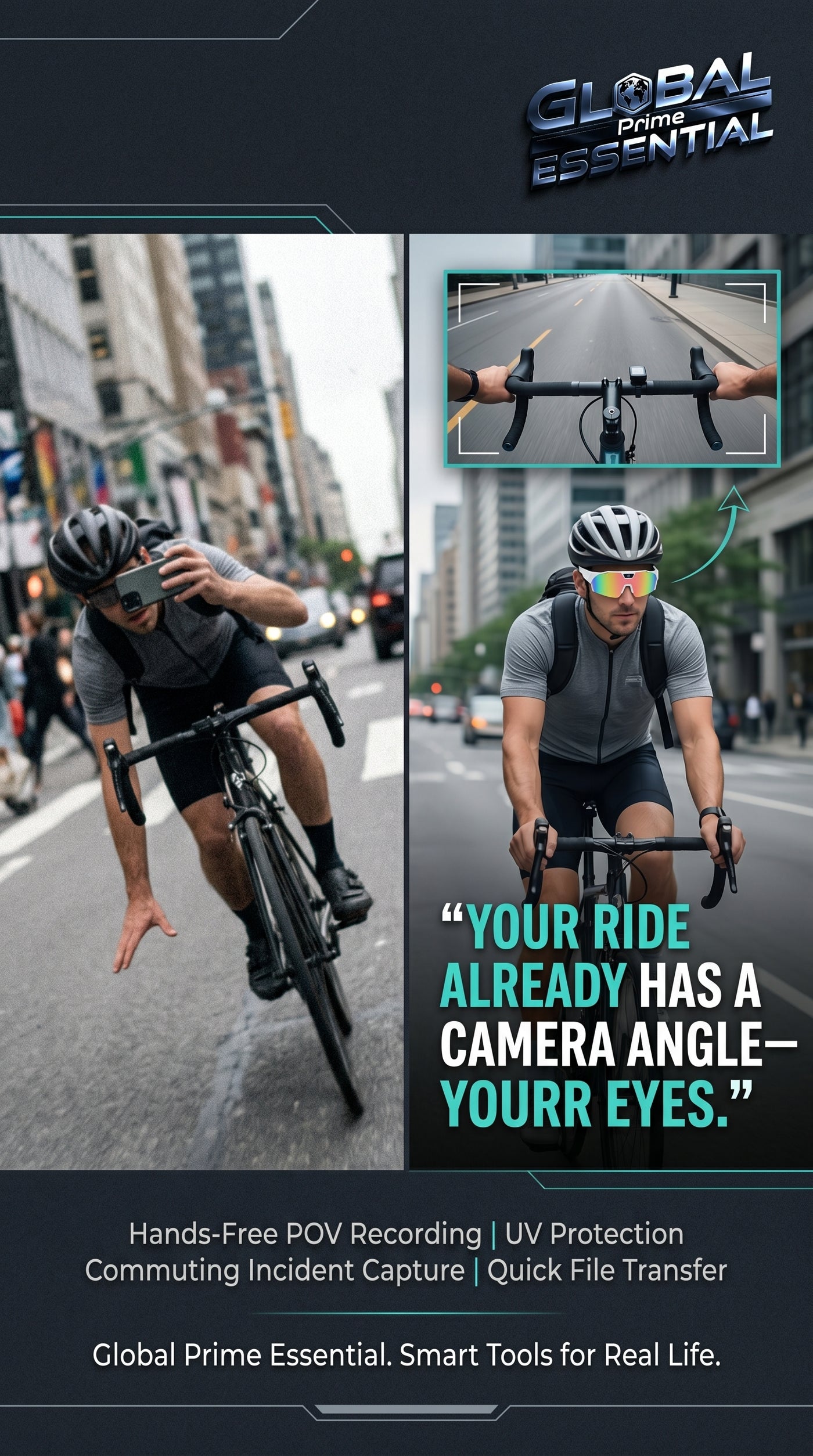 Global Prime Essential bicycle sports POV camera glasses with built-in HD action recording, hands-free sunglasses for outdoor activities.