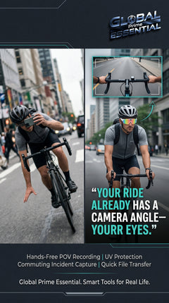 Global Prime Essential bicycle sports POV camera glasses with built-in HD action recording, hands-free sunglasses for outdoor activities.
