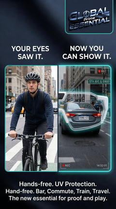 Global Prime Essential bicycle sports POV camera glasses with HD action recording, hands-free design for secure ride footage.