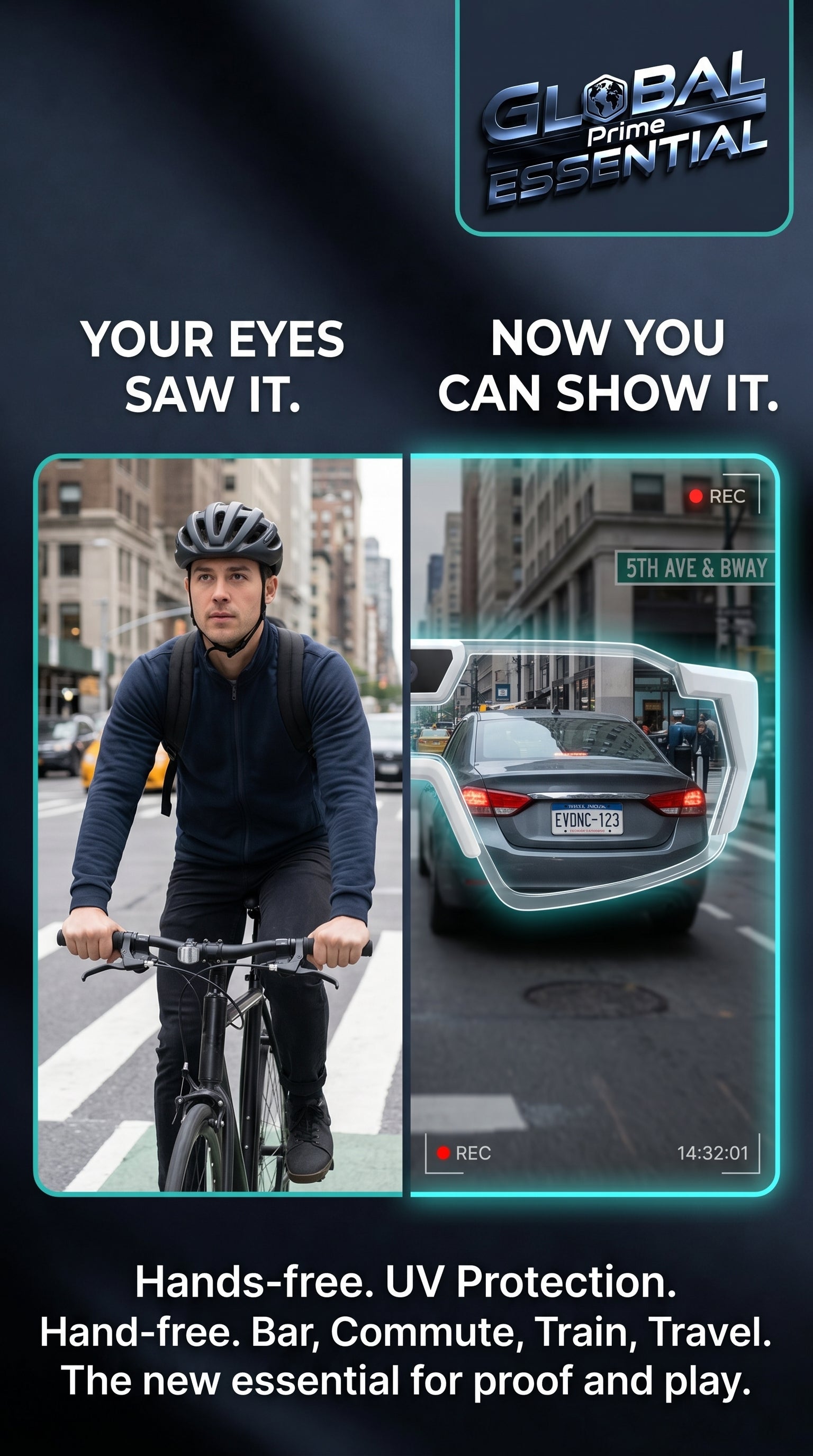 Global Prime Essential bicycle sports POV camera glasses with HD action recording, hands-free design for secure ride footage.