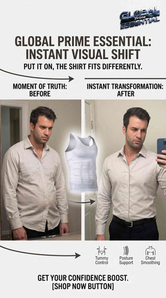 Men's slimming compression vest by Global Prime Essential, provides chest flattening and tummy control for a confident fit.