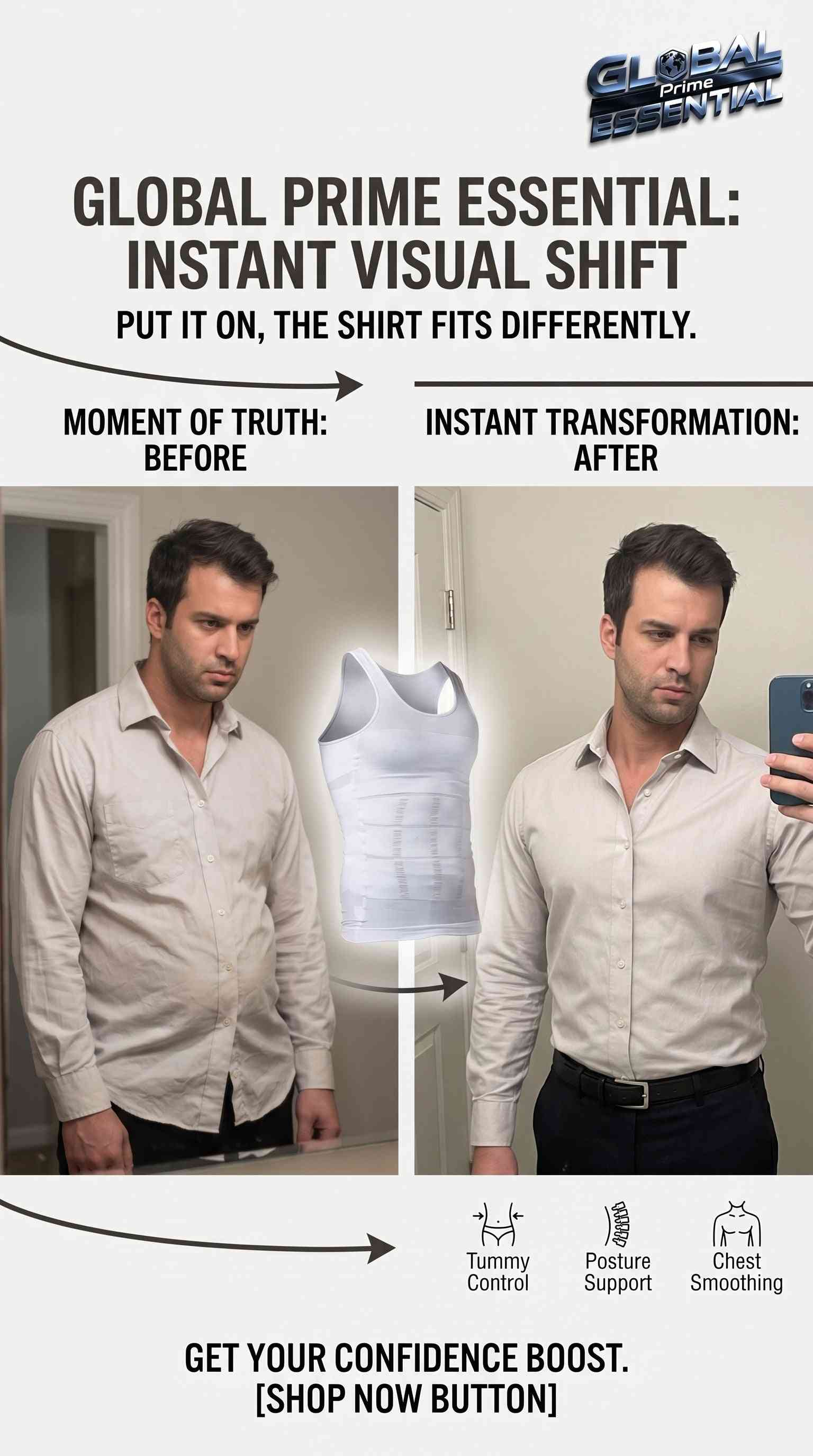 Men's slimming compression vest by Global Prime Essential, provides chest flattening and tummy control for a confident fit.