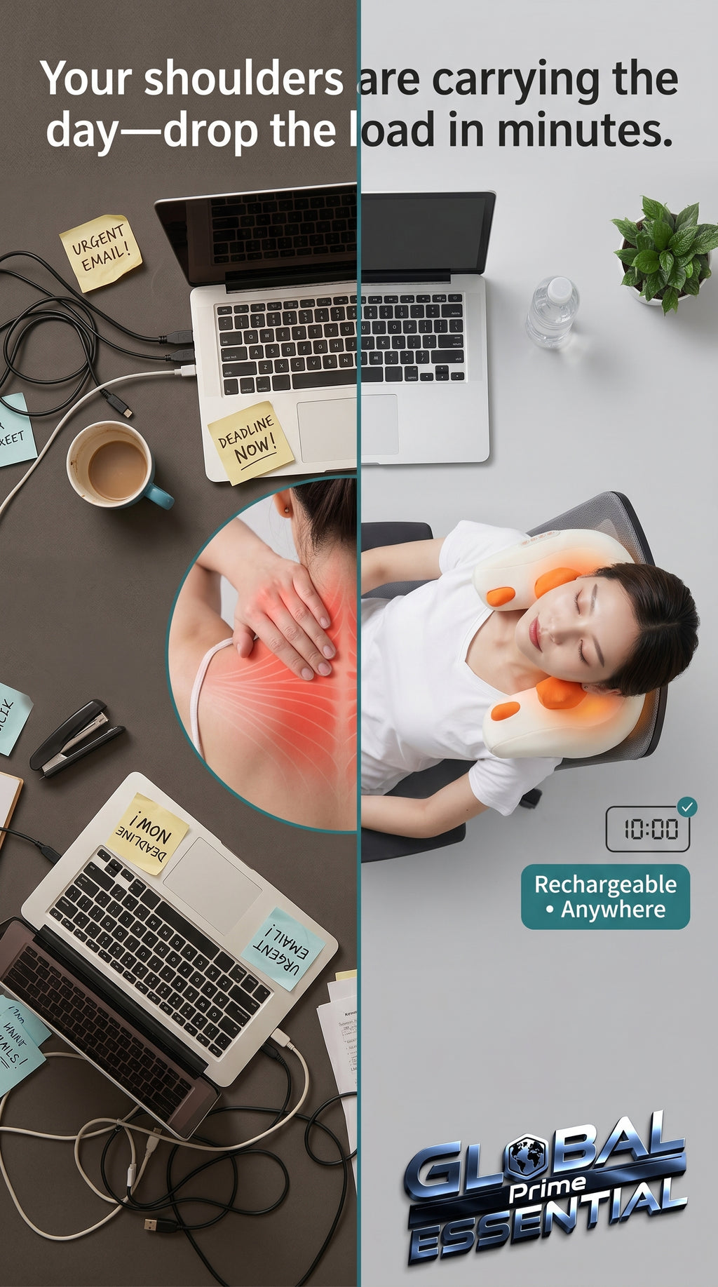 Global Prime Essential electric trapezius massage pillow resting on shoulders, designed for targeted neck and shoulder relief.
