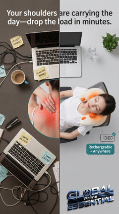 Global Prime Essential electric trapezius massage pillow resting on shoulders, designed for targeted neck and shoulder relief.