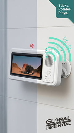 Global Prime Essential shower phone holder with built-in speaker, shown mounted in a bathroom shower for hands-free listening.