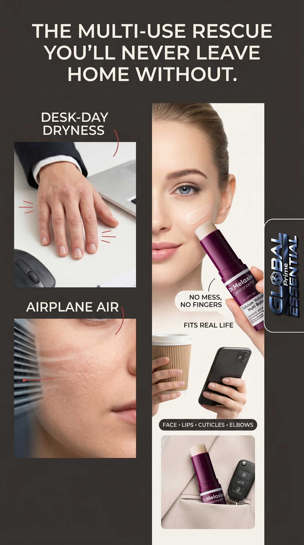 Global Prime Essential Calcium Multi Balm collagen stick for firming and hydrating skincare, shown as a portable skincare treatment stick.