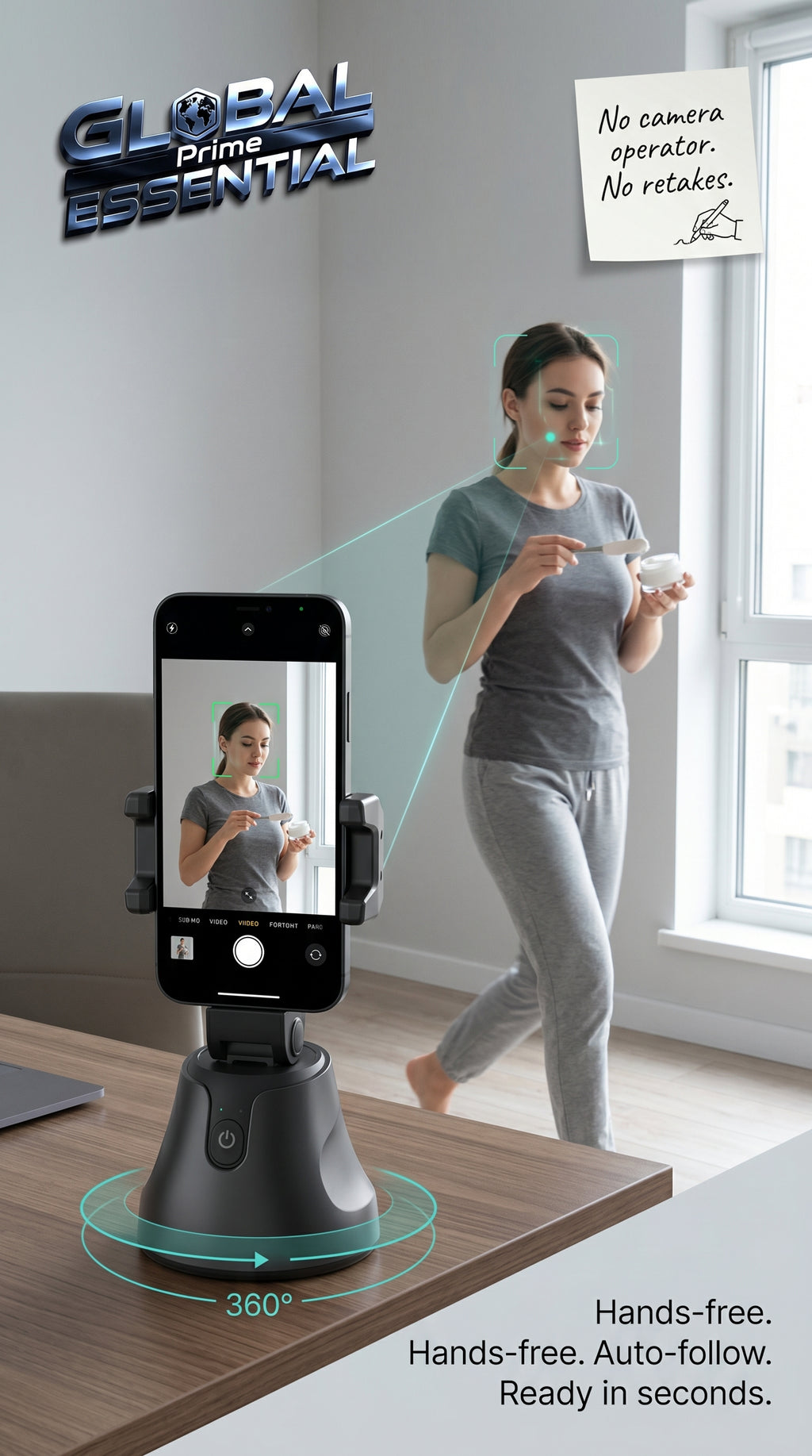 Global Prime Essential face tracking phone holder in a studio setup, demonstrating 360° auto-follow for videos and live streaming.