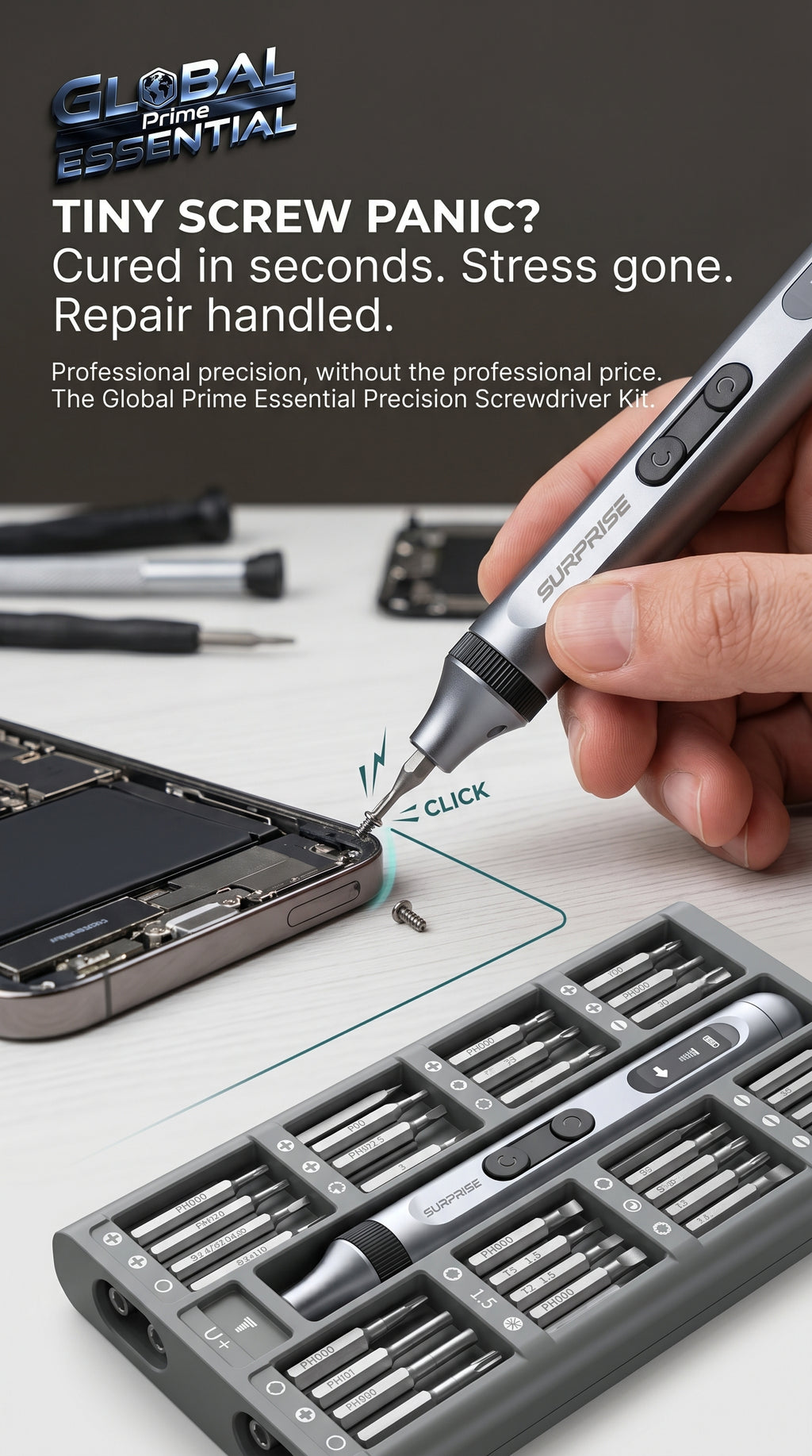 Global Prime Essential electrical precision screwdriver set with tiny screws sorted in a magnetic repair kit for phones, laptops, and electronics.