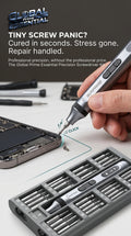 Global Prime Essential electrical precision screwdriver set with tiny screws sorted in a magnetic repair kit for phones, laptops, and electronics.