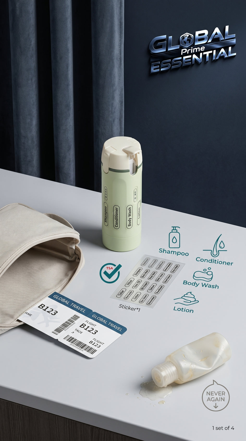 Global Prime Essential 4-in-1 travel dispenser bottle showing compact outdoor accessory with multiple compartments for liquids and essentials.