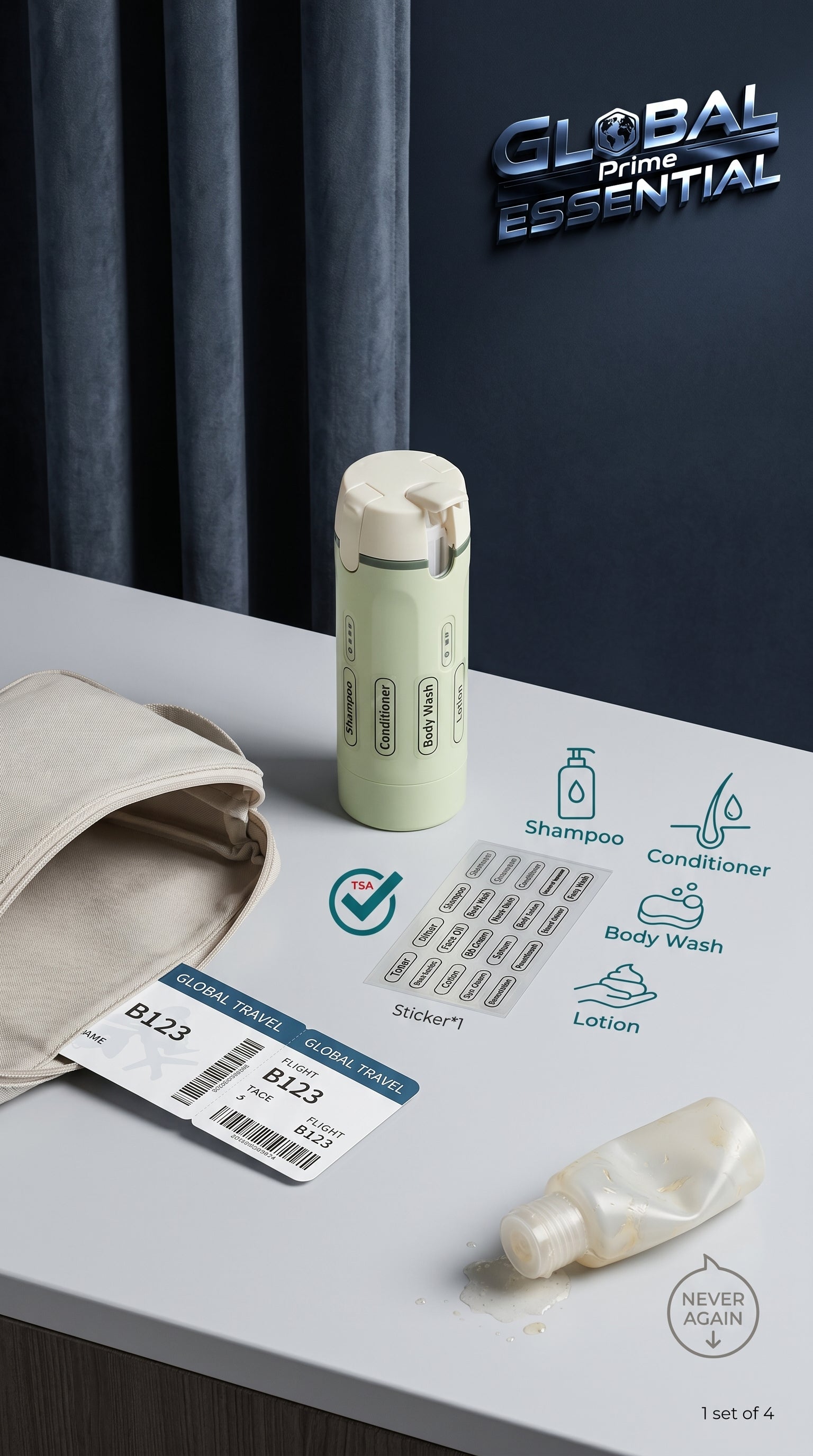 Global Prime Essential 4-in-1 travel dispenser bottle showing compact outdoor accessory with multiple compartments for liquids and essentials.