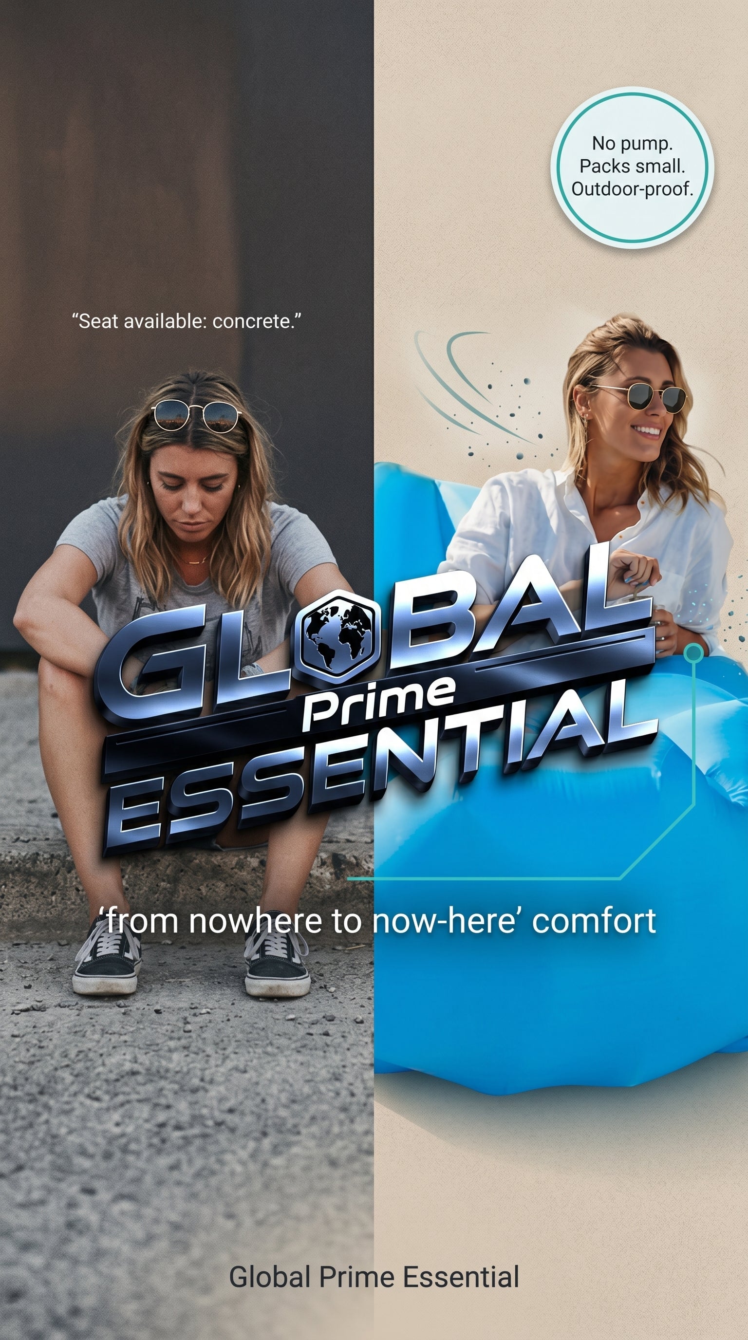 Global Prime Essential inflatable lounger in vibrant colors, perfect for relaxing outdoors or at the beach.