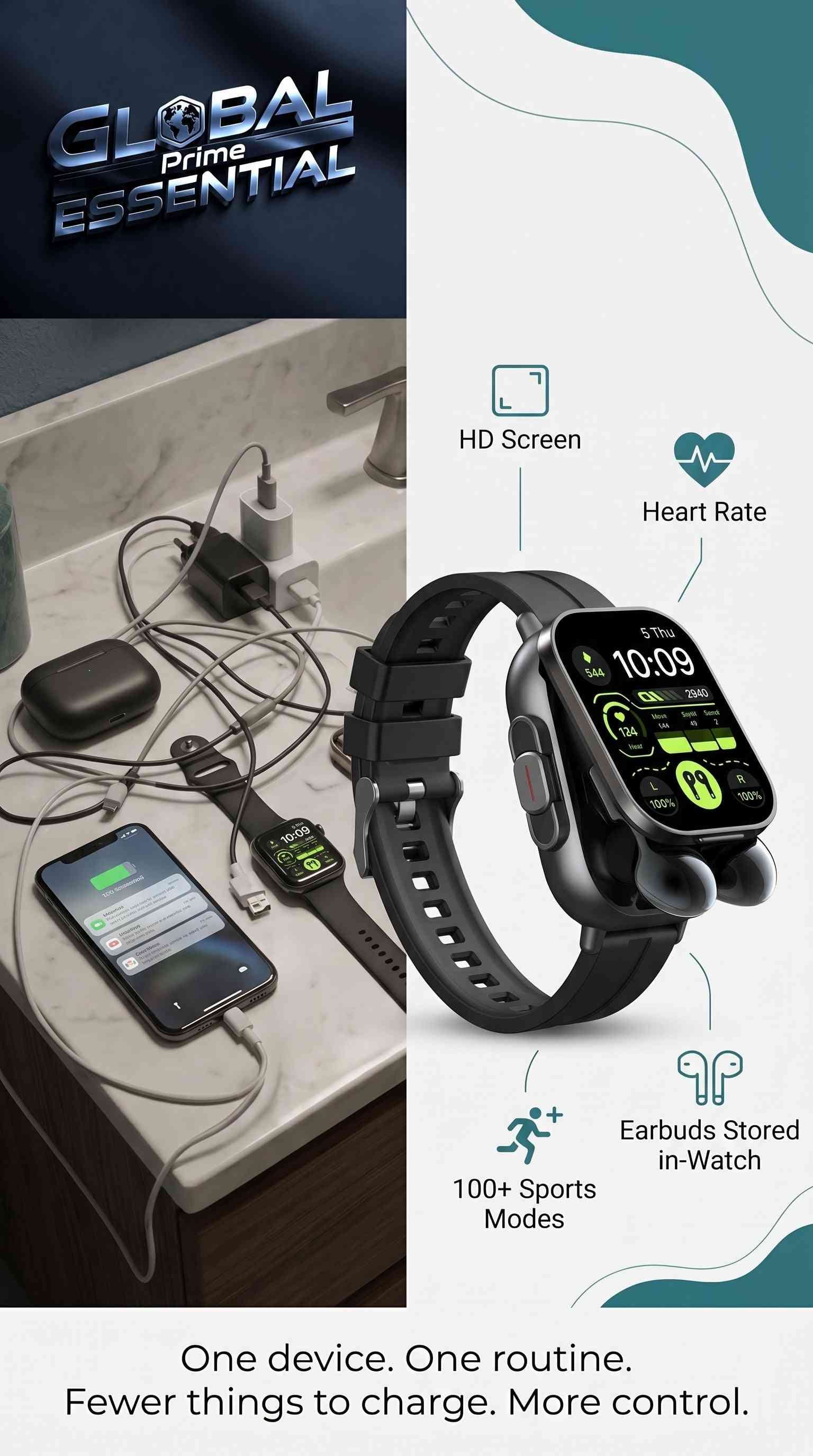 Global Prime Essential 2-in-1 smartwatch with HD screen, Bluetooth earbuds, heart rate monitor, and multiple sports modes on a wrist.