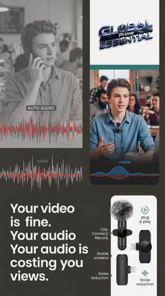 Wireless Lavalier Microphone by Global Prime Essential, showing a compact microphone clipped to clothing for clear audio recording.