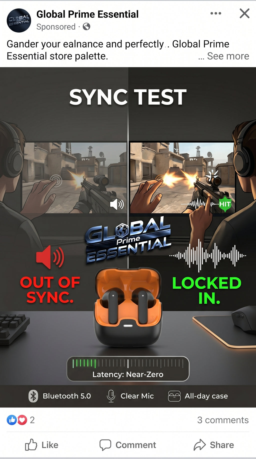 Global Prime Essential TWS Bluetooth earphones with ultra-low latency, sleek design, and secure fit for seamless audio syncing.