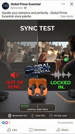 Global Prime Essential TWS Bluetooth earphones with ultra-low latency, sleek design, and secure fit for seamless audio syncing.
