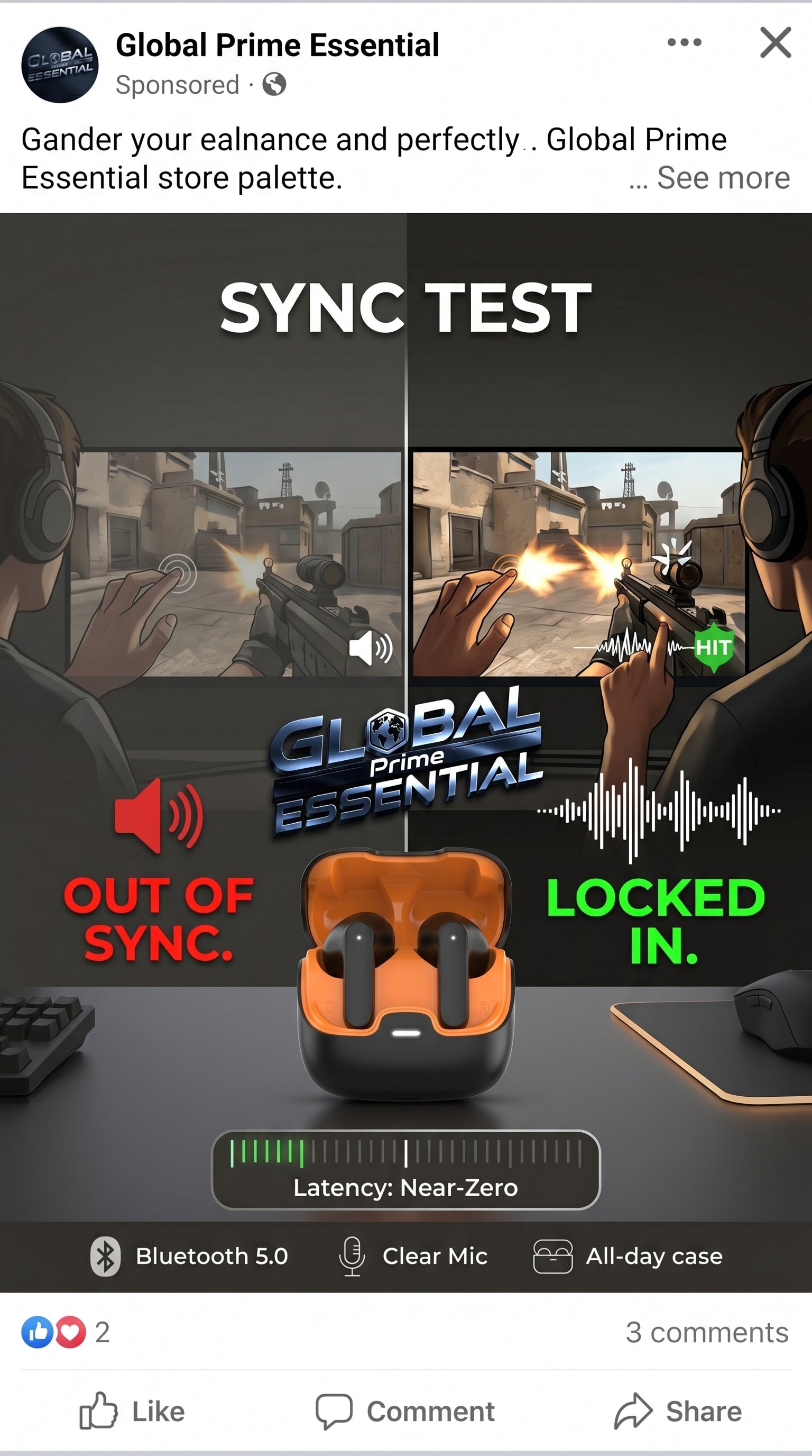 Global Prime Essential TWS Bluetooth earphones with ultra-low latency, sleek design, and secure fit for seamless audio syncing.